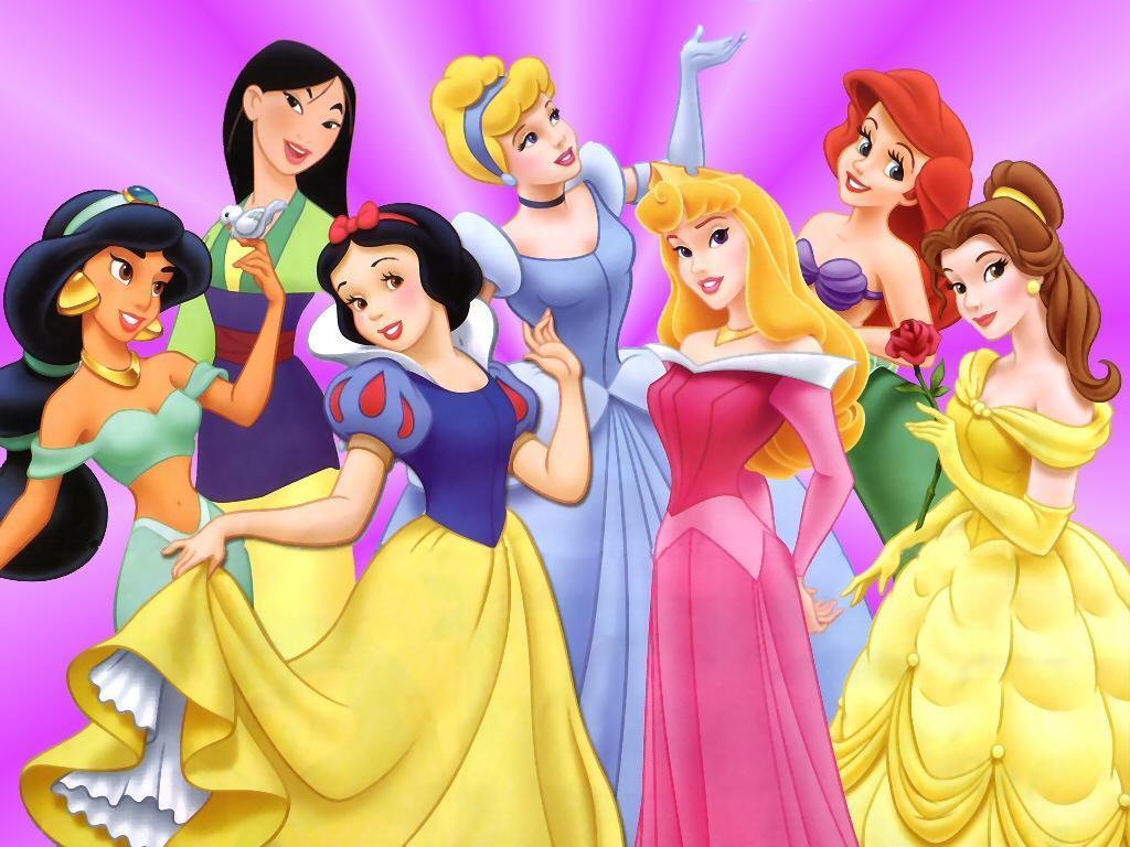 Seven Disney princesses looking lovely.  Jasmine, Mulan, Snow White, Cinderella, Sleeping Beauty, Ariel and Belle